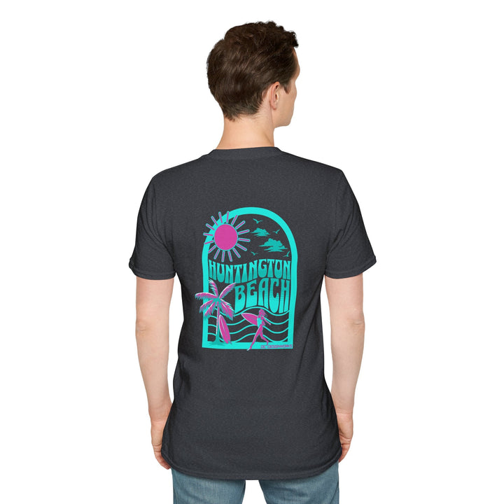 Huntington Beach California Retro Surf T-Shirt - Teal - T-Shirt - Dark Heather Grey - OC Designworks