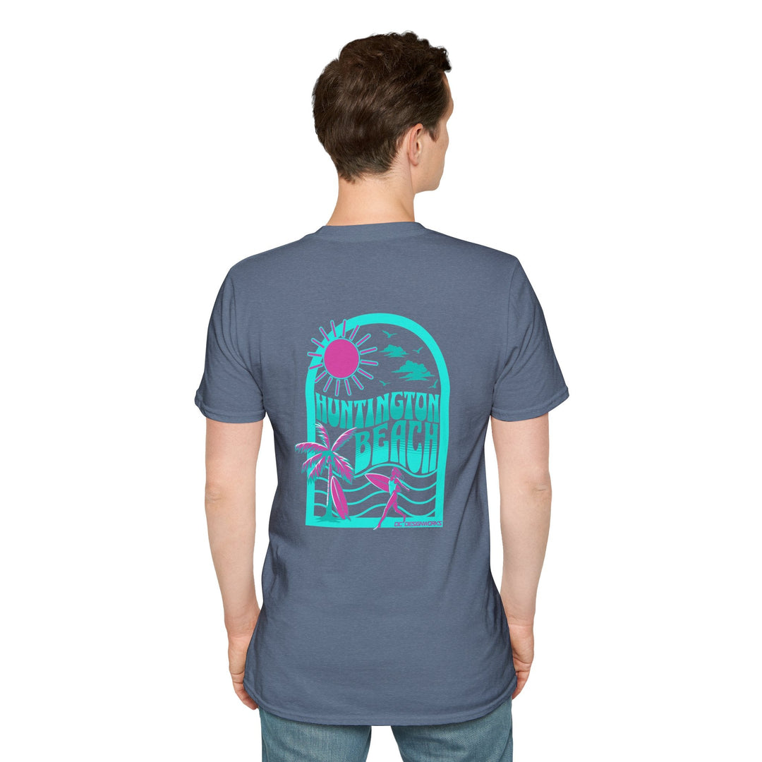 Huntington Beach California Retro Surf T-Shirt - Teal - T-Shirt - Heather Indigo - OC Designworks