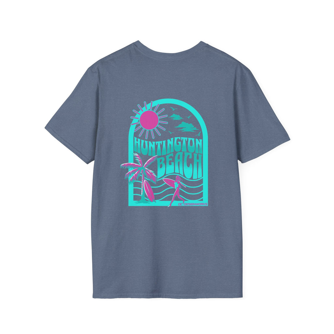 Huntington Beach California Retro Surf T-Shirt - Teal - T-Shirt - Heather Indigo - OC Designworks