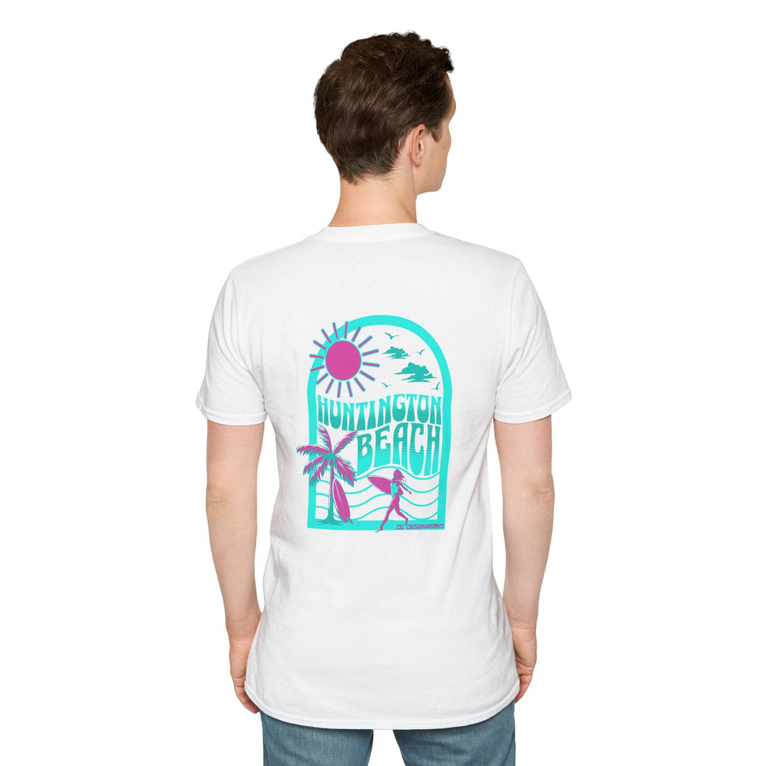 Huntington Beach California Retro Surf T-Shirt - Teal - T-Shirt - White - OC Designworks