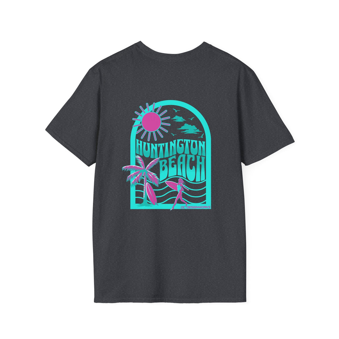 Huntington Beach California Retro Surf T-Shirt - Teal - T-Shirt - Dark Heather Grey - OC Designworks