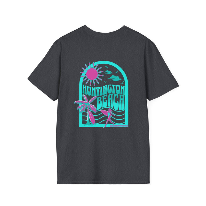 Huntington Beach California Retro Surf T-Shirt - Teal - T-Shirt - Dark Heather Grey - OC Designworks