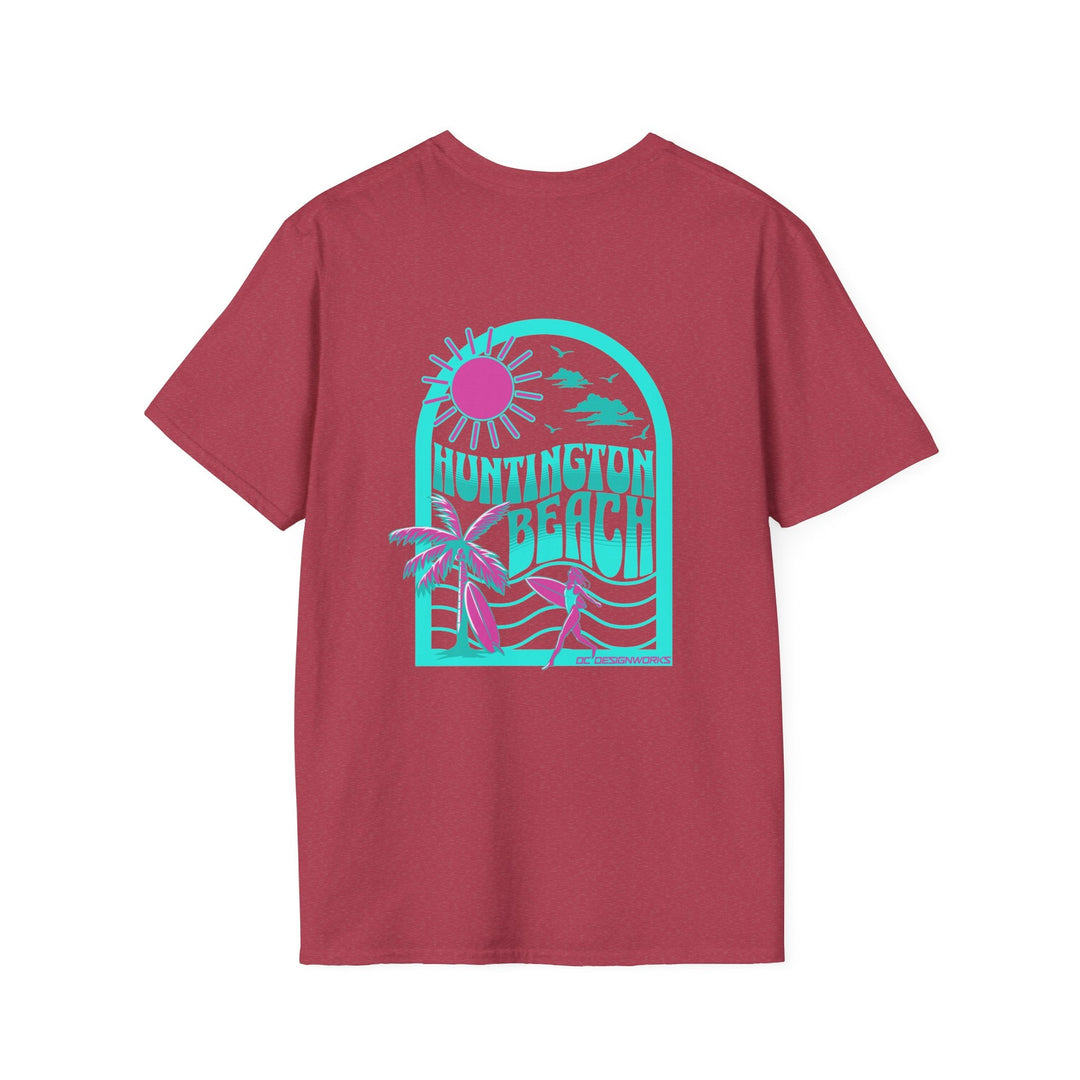 Huntington Beach California Retro Surf T-Shirt - Teal - T-Shirt - Heather Cardinal - OC Designworks