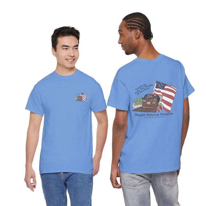 Mojave Mailbox T‑Shirt — Greetings from the Middle of Nowhere! - T-Shirt - Carolina Blue - OC Designworks