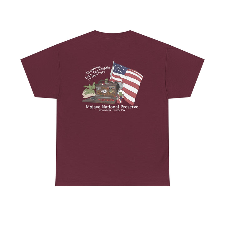 Mojave Mailbox T‑Shirt — Greetings from the Middle of Nowhere! - T-Shirt - Maroon - OC Designworks