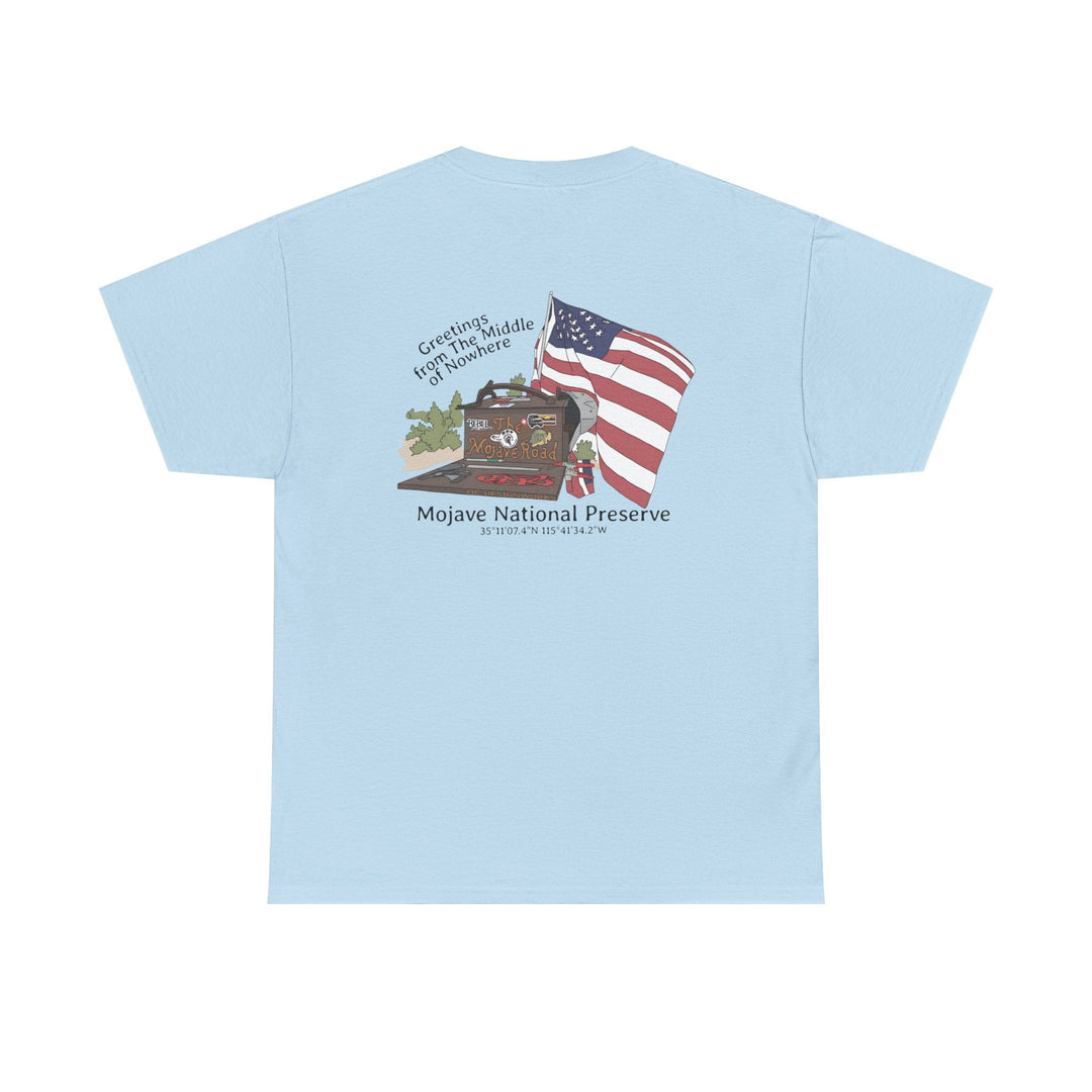 Mojave Mailbox T‑Shirt — Greetings from the Middle of Nowhere! - T-Shirt - Light Blue - OC Designworks