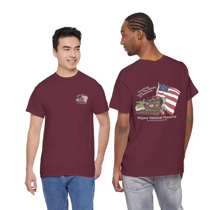 Mojave Mailbox T‑Shirt — Greetings from the Middle of Nowhere! - T-Shirt - Maroon - OC Designworks
