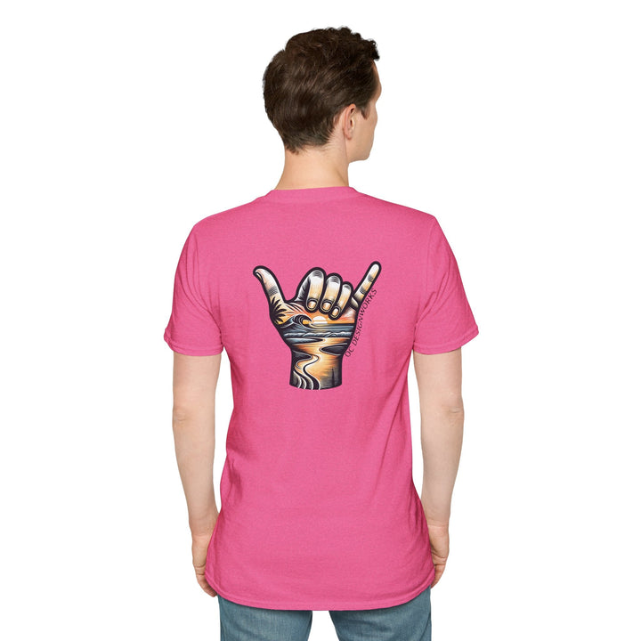 Shaka Sunset T-Shirt - T-Shirt - Heather Heliconia - OC Designworks