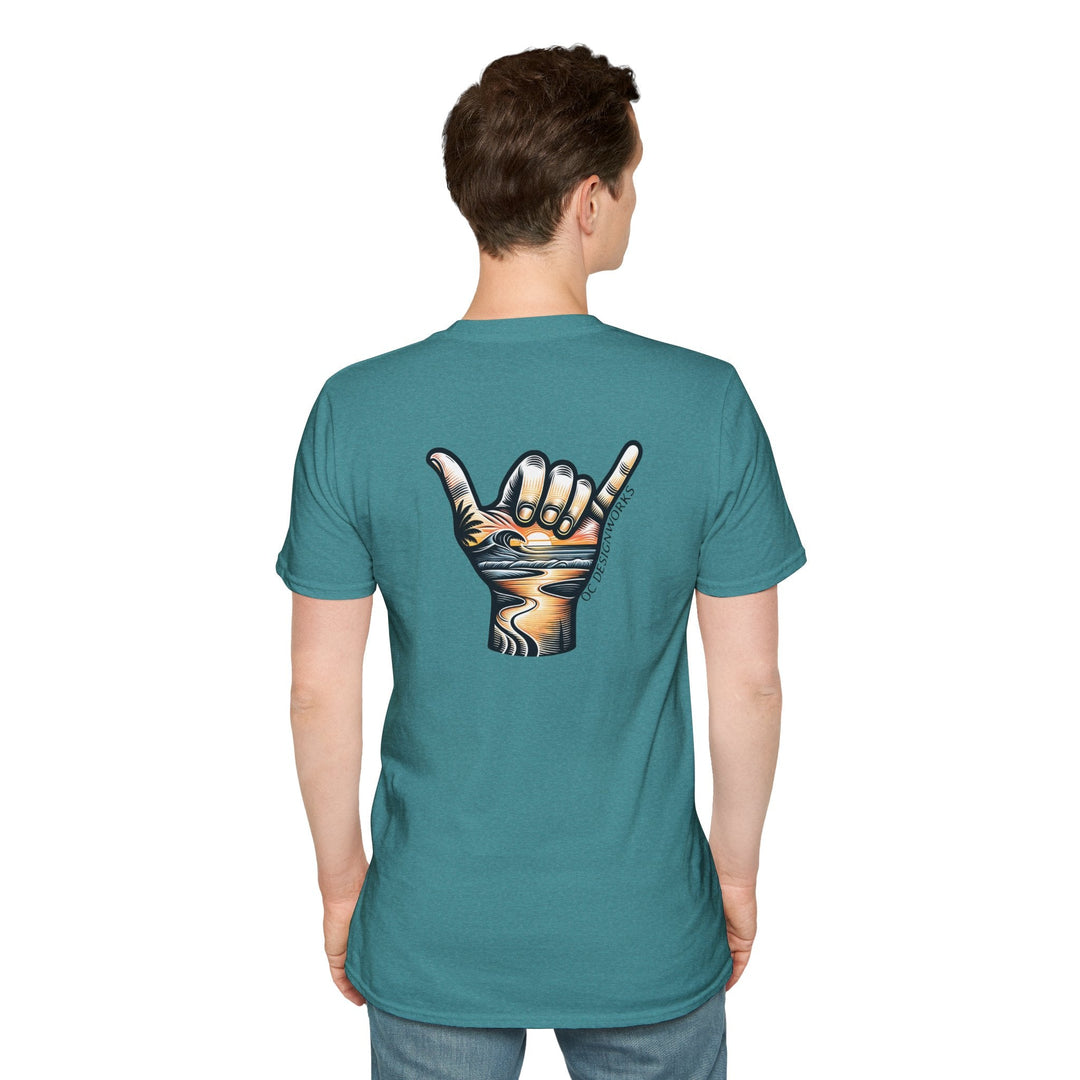 Shaka Sunset T-Shirt - T-Shirt - Heather Galapagos Blue - OC Designworks