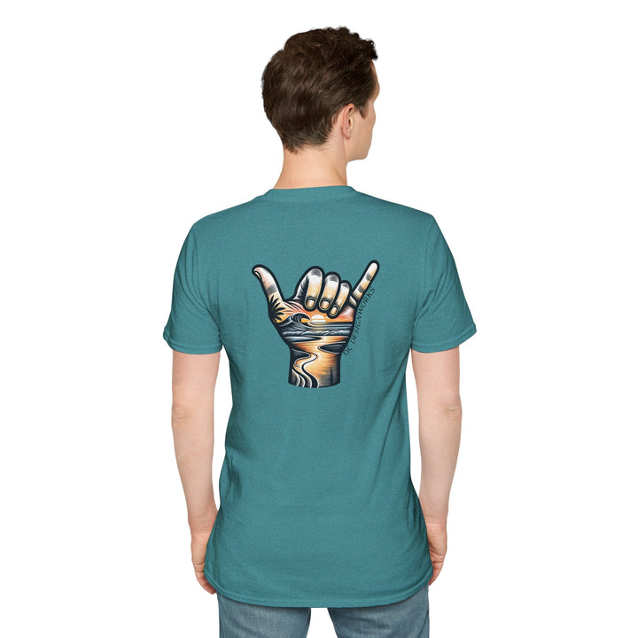 Shaka Sunset T-Shirt - T-Shirt - Heather Galapagos Blue - OC Designworks