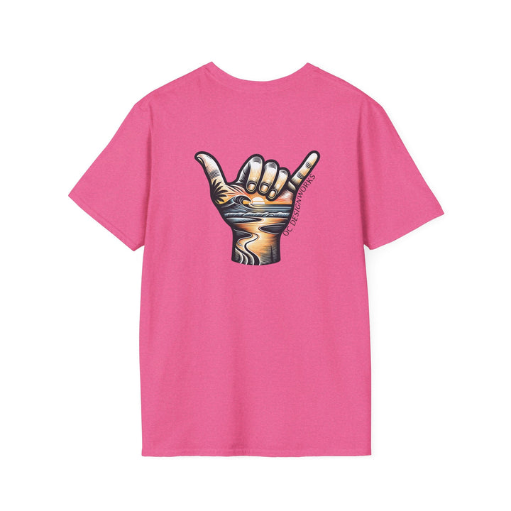 Shaka Sunset T-Shirt - T-Shirt - Heather Heliconia - OC Designworks