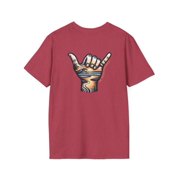 Shaka Sunset T-Shirt - T-Shirt - Heather Cardinal - OC Designworks