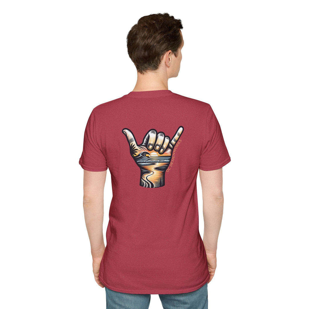 Shaka Sunset T-Shirt - T-Shirt - Heather Cardinal - OC Designworks
