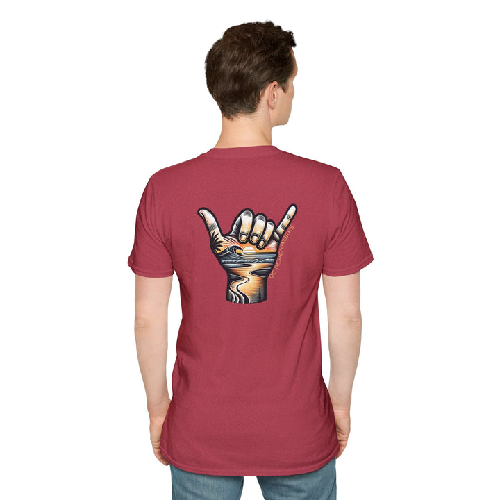 Shaka Sunset T-Shirt - T-Shirt - Heather Cardinal - OC Designworks