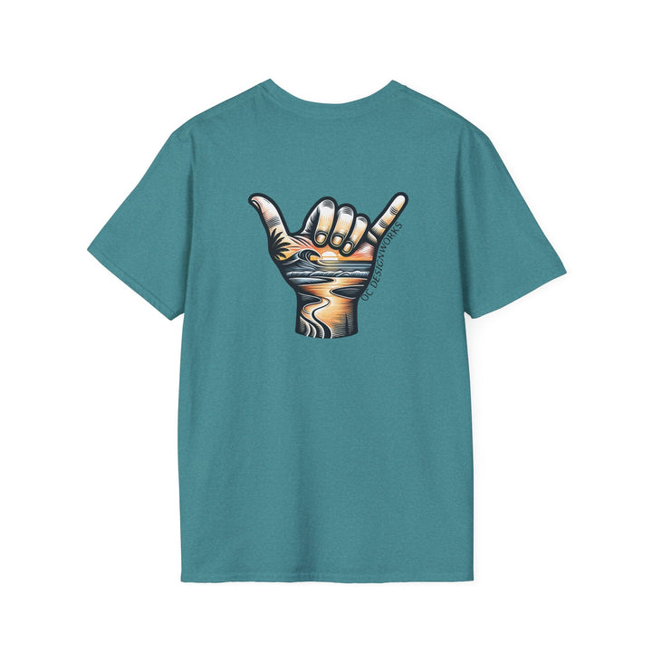 Shaka Sunset T-Shirt - T-Shirt - Heather Galapagos Blue - OC Designworks