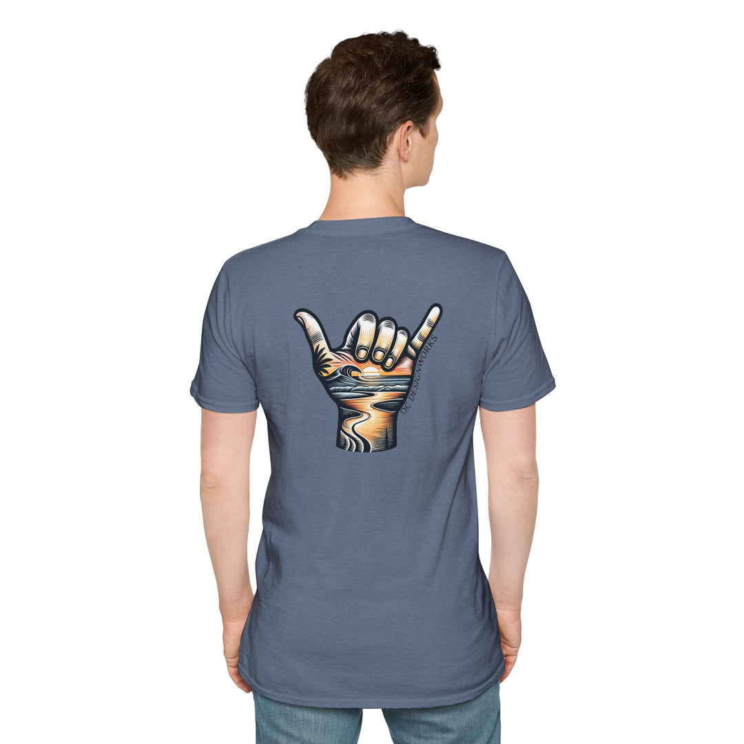 Shaka Sunset T-Shirt - T-Shirt - Heather Indigo - OC Designworks