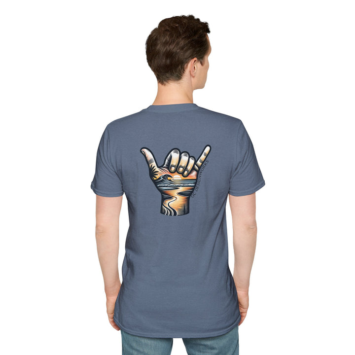 Shaka Sunset T-Shirt - T-Shirt - Heather Indigo - OC Designworks