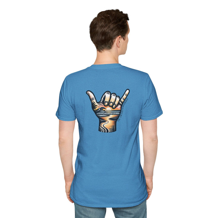 Shaka Sunset T-Shirt - T-Shirt - Heather Sapphire - OC Designworks